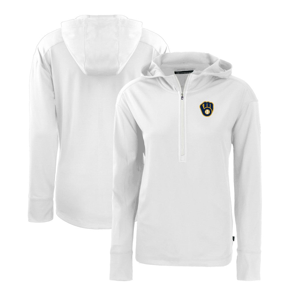Milwaukee Brewers Cutter & Buck Women's Daybreak Eco Recycled Half-Zip Hoodie - White Hoodies