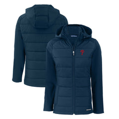 Philadelphia Phillies Cutter & Buck Women's Evoke Hybrid Eco Softshell Recycled Full-Zip Hoodie Jacket - Navy Jackets