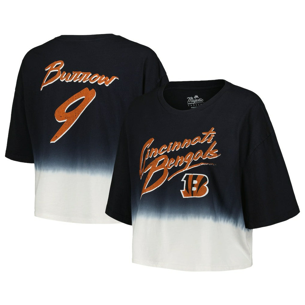 Joe Burrow Cincinnati Bengals Majestic Threads Women's Dip-Dye Player Name & Number Crop Top Black/White