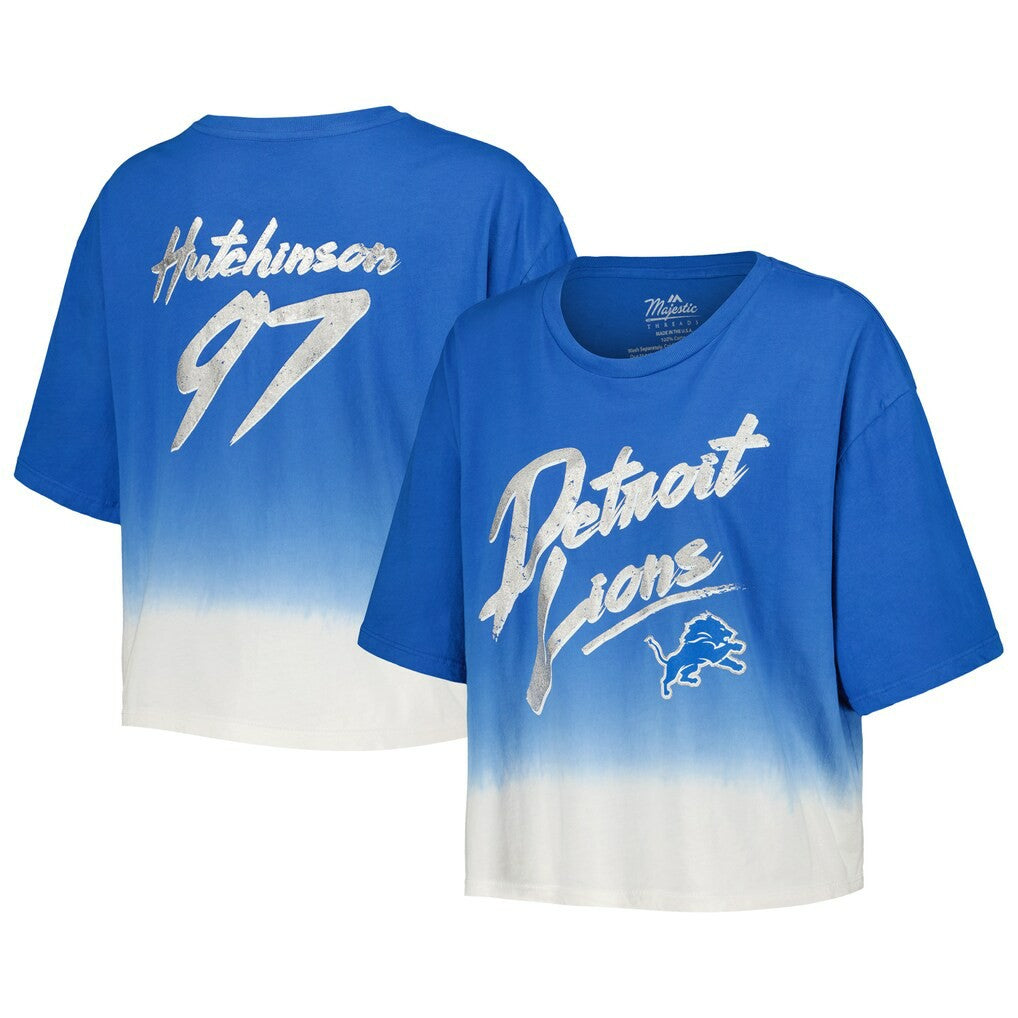 Aidan Hutchinson Detroit Lions Majestic Threads Women's Dip-Dye Player Name & Number Crop Top Blue/White