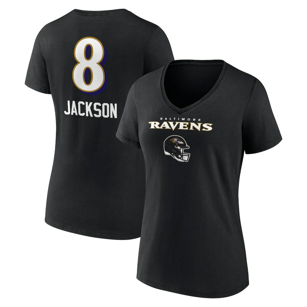 Lamar Jackson Baltimore Ravens Women's Team Wordmark Name & Number V-Neck T-Shirt Black
