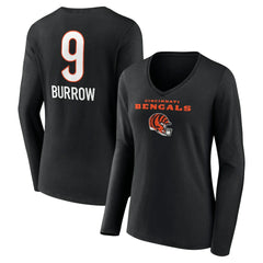 Joe Burrow Cincinnati Bengals Women's Team Wordmark Long Sleeve V-Neck T-Shirt Black