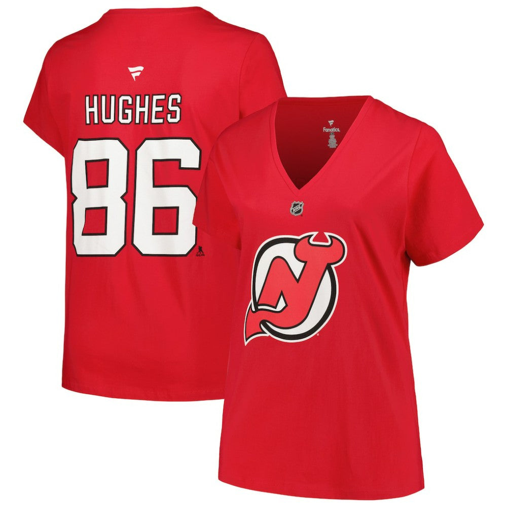 NHL Jack Hughes New Jersey Devils Fanatics Women's Plus Size Name & Number T-Shirt - Red