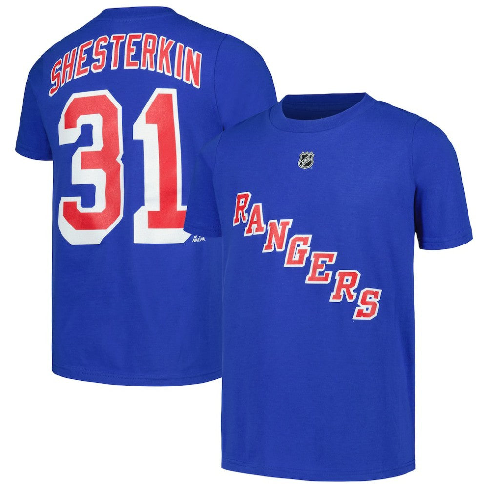 NHL Igor Shesterkin New York Rangers Youth Player Name & Number T-Shirt - Blue