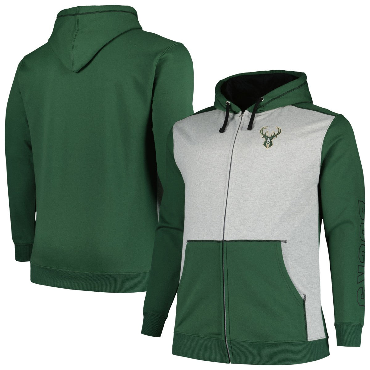 Milwaukee Bucks Big & Tall Contrast Pieced Stitched Full-Zip Hoodie Hunter Green/Heather Gray