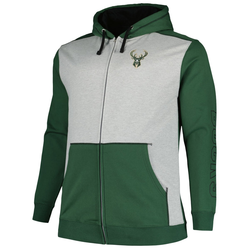 Milwaukee Bucks Big & Tall Contrast Pieced Stitched Full-Zip Hoodie Hunter Green/Heather Gray