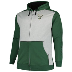 Milwaukee Bucks Big & Tall Contrast Pieced Stitched Full-Zip Hoodie Hunter Green/Heather Gray