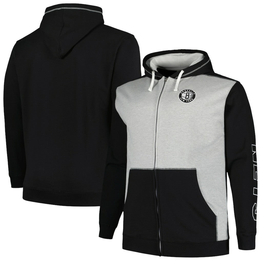 Brooklyn Nets Big & Tall Contrast Pieced Stitched Full-Zip Hoodie Black/Heather Gray