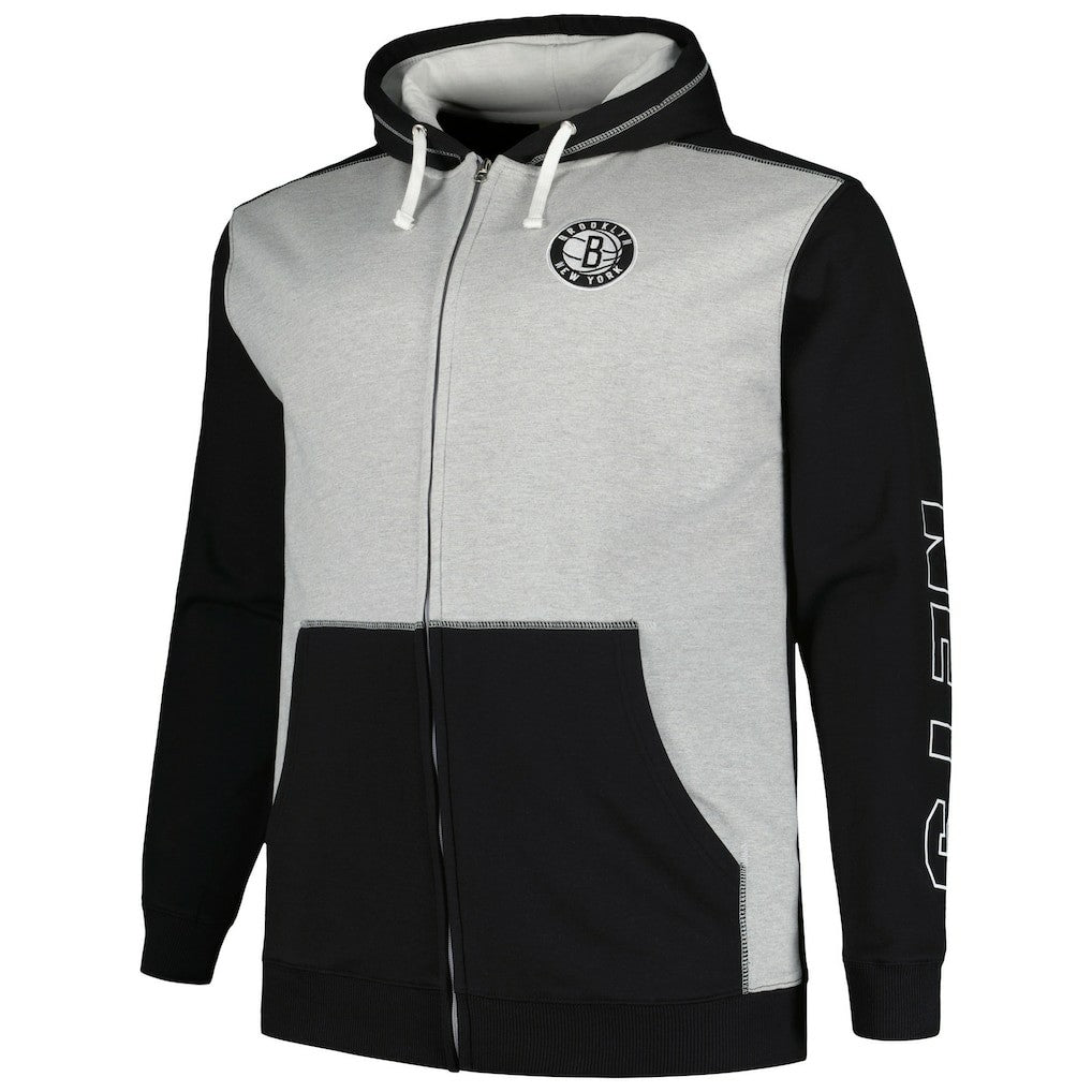 Brooklyn Nets Big & Tall Contrast Pieced Stitched Full-Zip Hoodie Black/Heather Gray