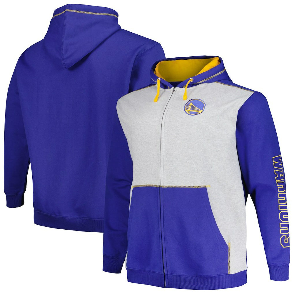 Golden State Warriors Big & Tall Contrast Pieced Stitched Full-Zip Hoodie Royal/Heather Gray