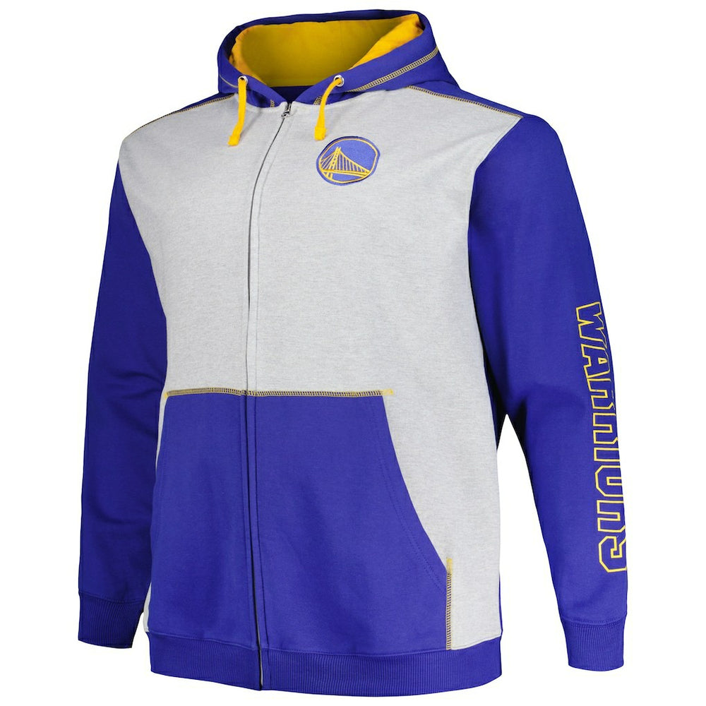 Golden State Warriors Big & Tall Contrast Pieced Stitched Full-Zip Hoodie Royal/Heather Gray