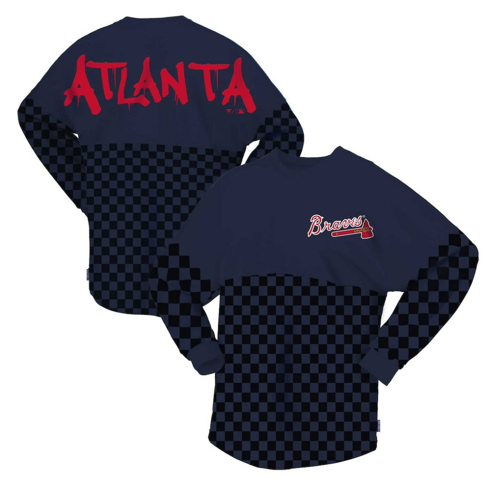 Atlanta Braves Fanatics Women's Checker Print Long Sleeve T-Shirt - Navy T-shirts