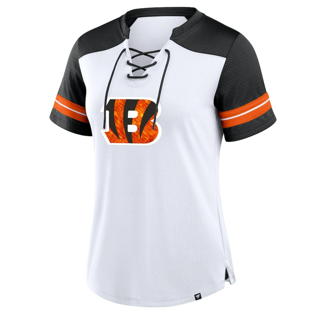 Cincinnati Bengals Women's Foiled Primary Lace-Up T-Shirt White/Black