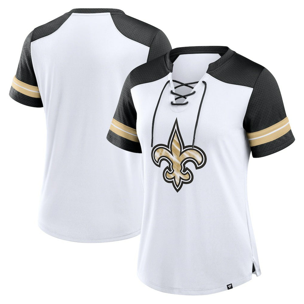 New Orleans Saints Women's Foiled Primary Lace-Up T-Shirt White/Black