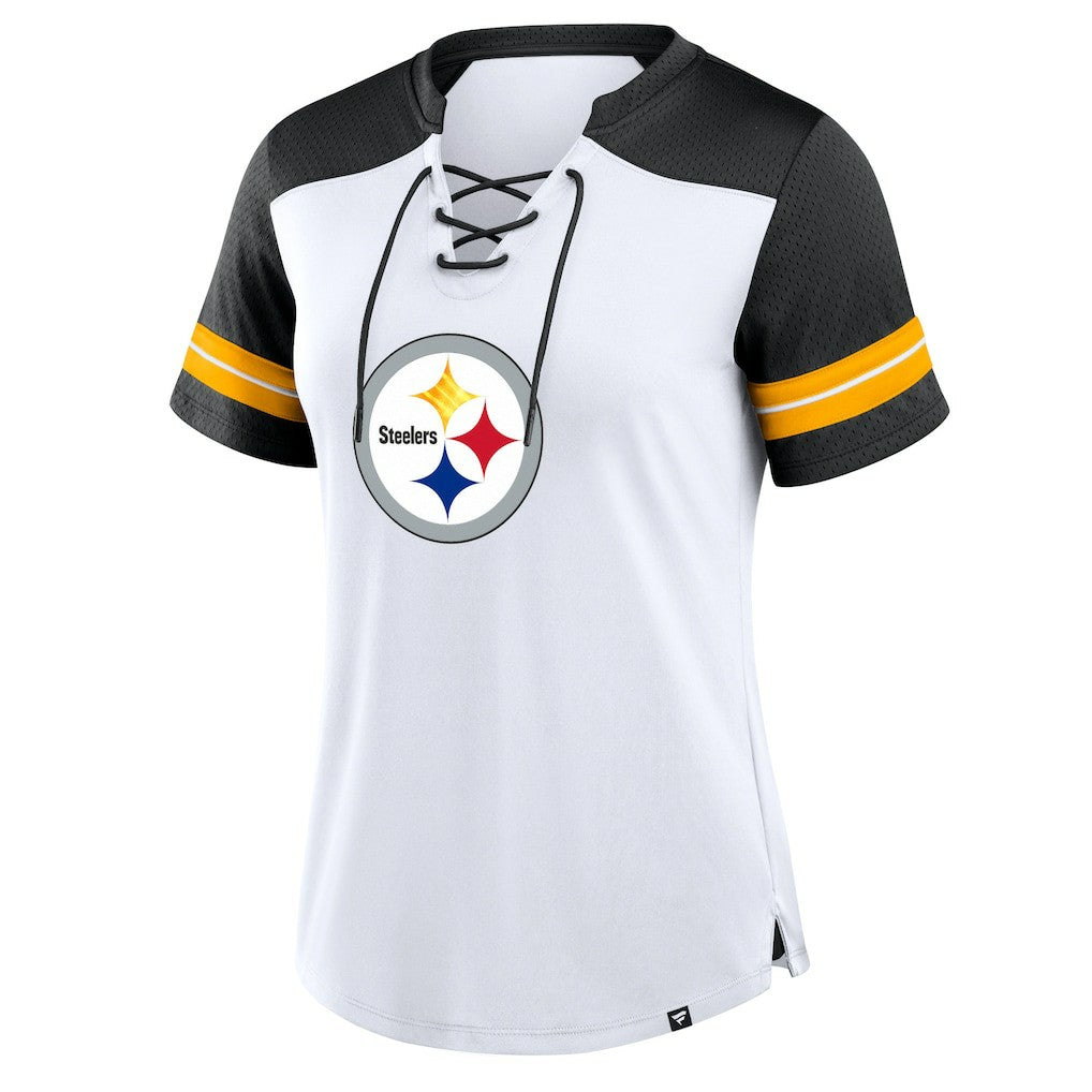 Pittsburgh Steelers Women's Foiled Primary Lace-Up T-Shirt White/Black