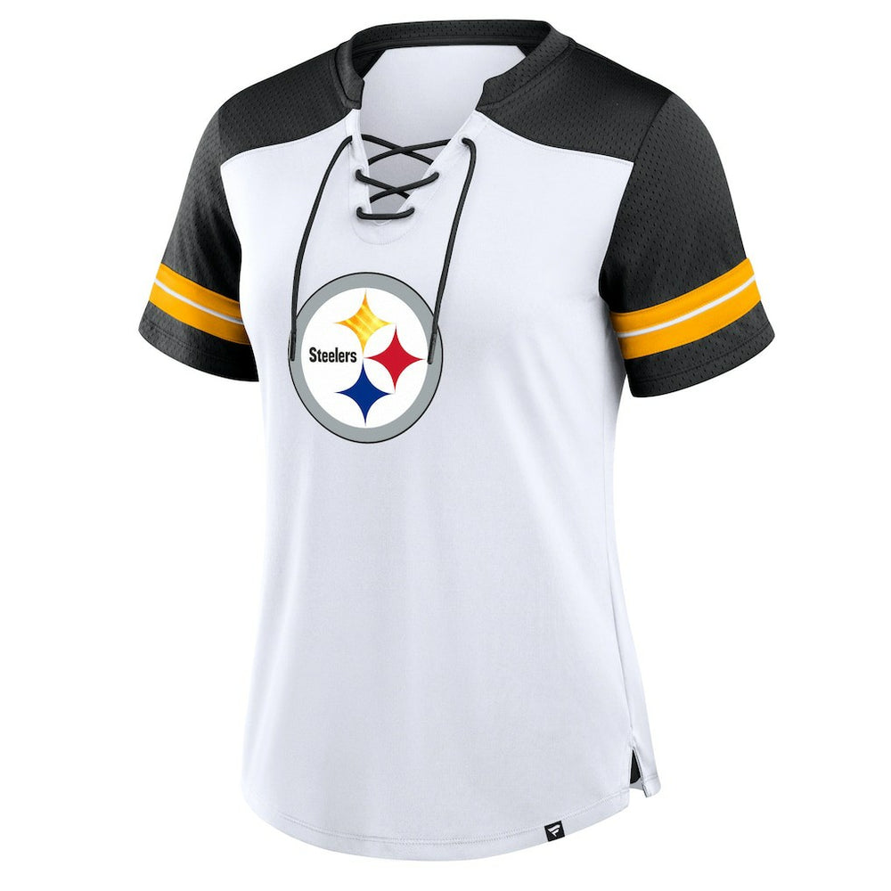 Pittsburgh Steelers Women's Foiled Primary Lace-Up T-Shirt White/Black