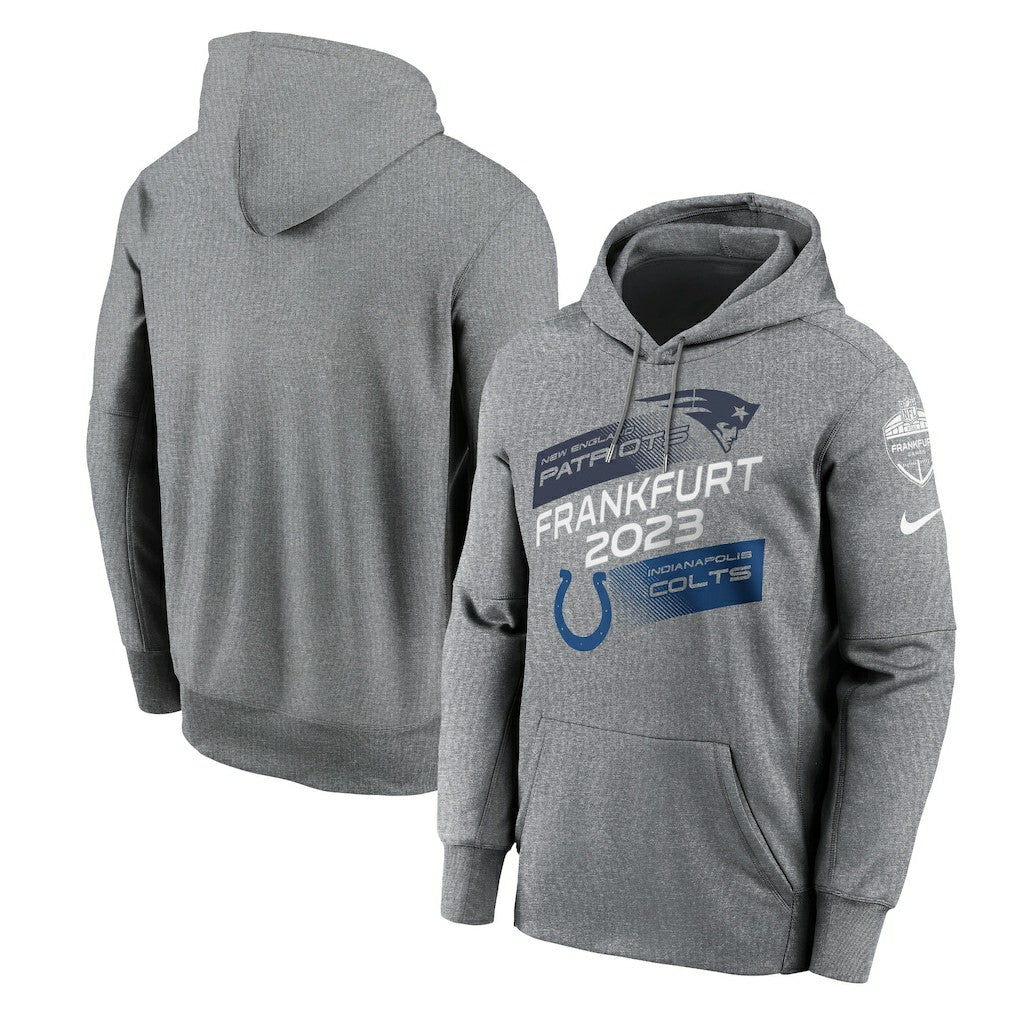 New England Patriots vs. Indianapolis Colts 2023 Frankfurt Game Pullover Hoodie Heather Charcoal