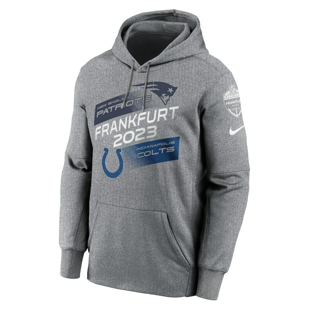 New England Patriots vs. Indianapolis Colts 2023 Frankfurt Game Pullover Hoodie Heather Charcoal