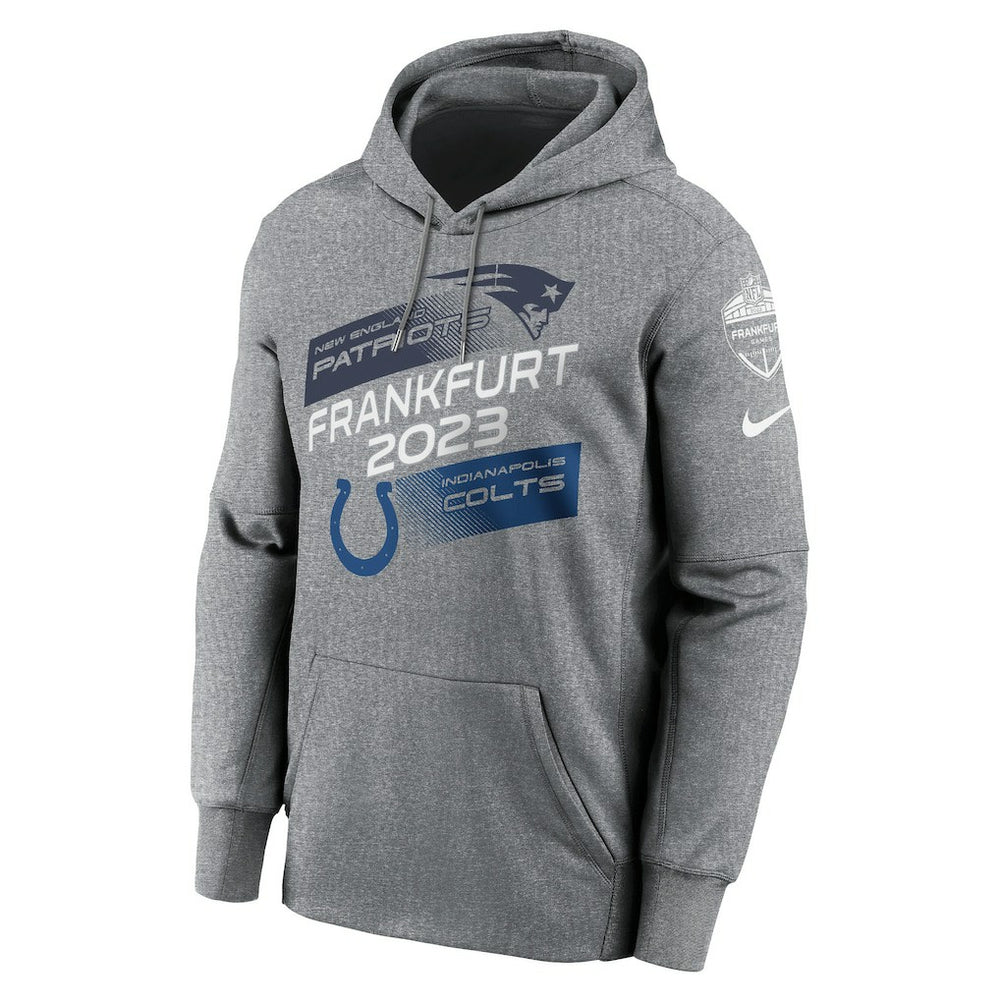 New England Patriots vs. Indianapolis Colts 2023 Frankfurt Game Pullover Hoodie Heather Charcoal
