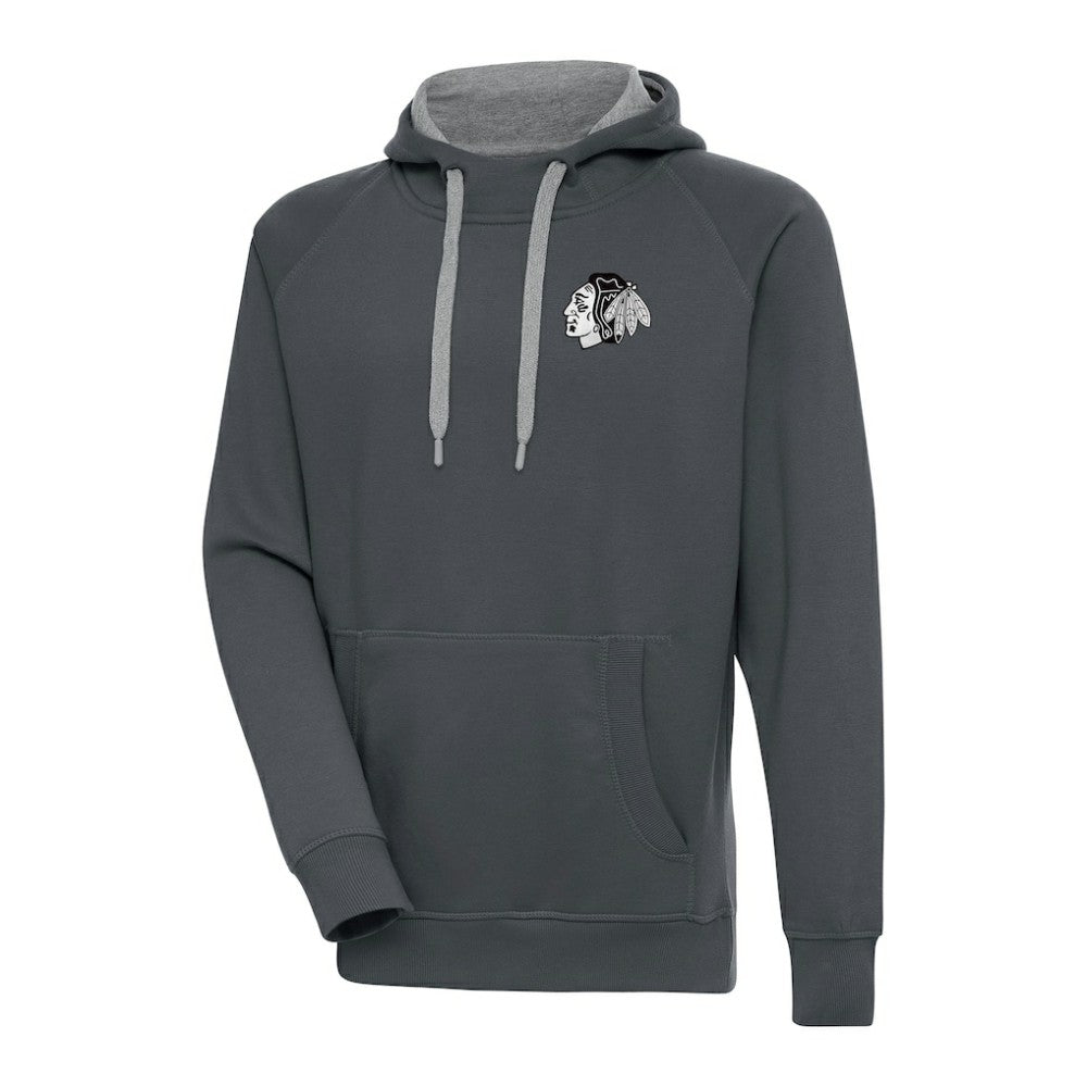 NHL Chicago Blackhawks Antigua Metallic Logo Victory Pullover Hoodie - Charcoal