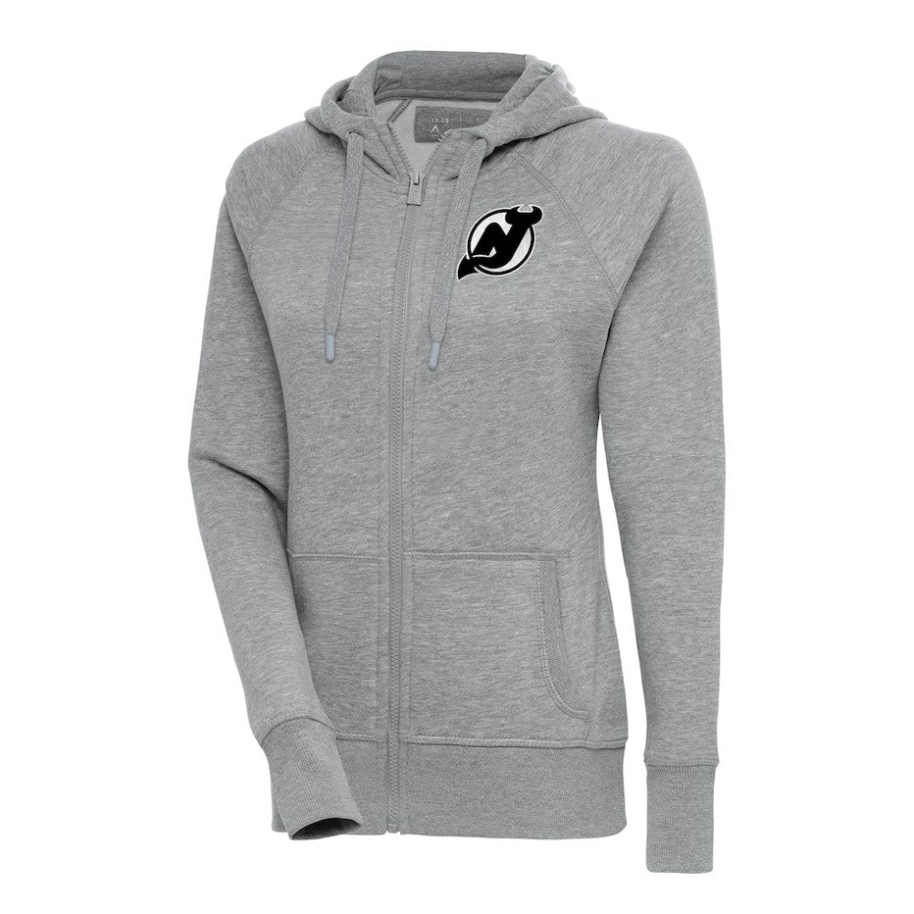 NHL New Jersey Devils Antigua Women's Metallic Logo Victory Full-Zip Hoodie - Heather Gray