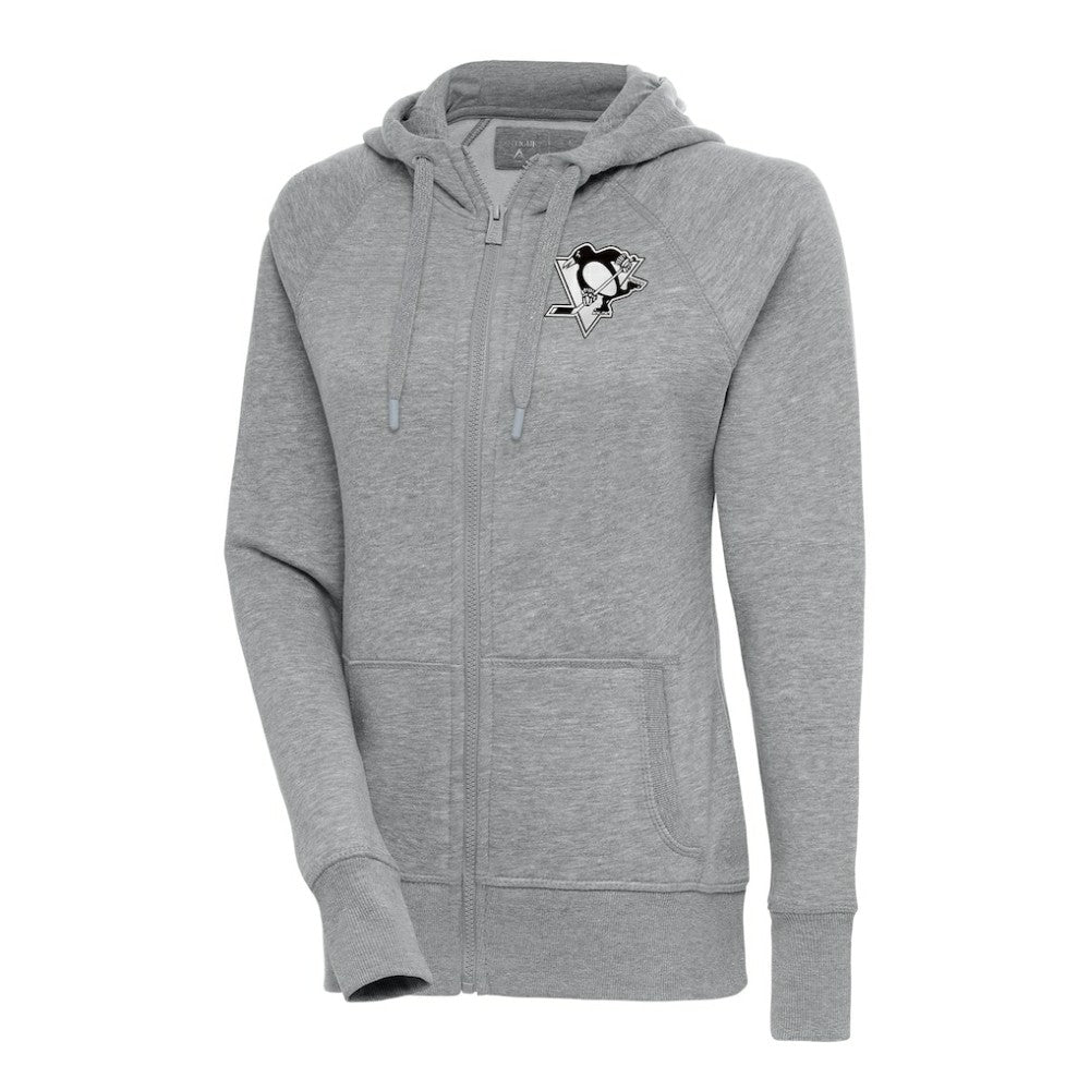 NHL Pittsburgh Penguins Antigua Women's Metallic Logo Victory Full-Zip Hoodie - Heather Gray