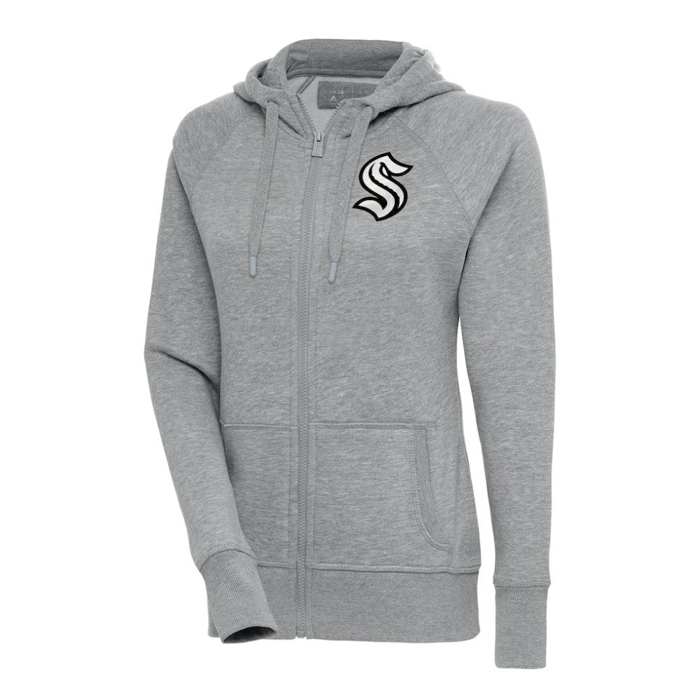 NHL Seattle Kraken Antigua Women's Metallic Logo Victory Full-Zip Hoodie - Heather Gray