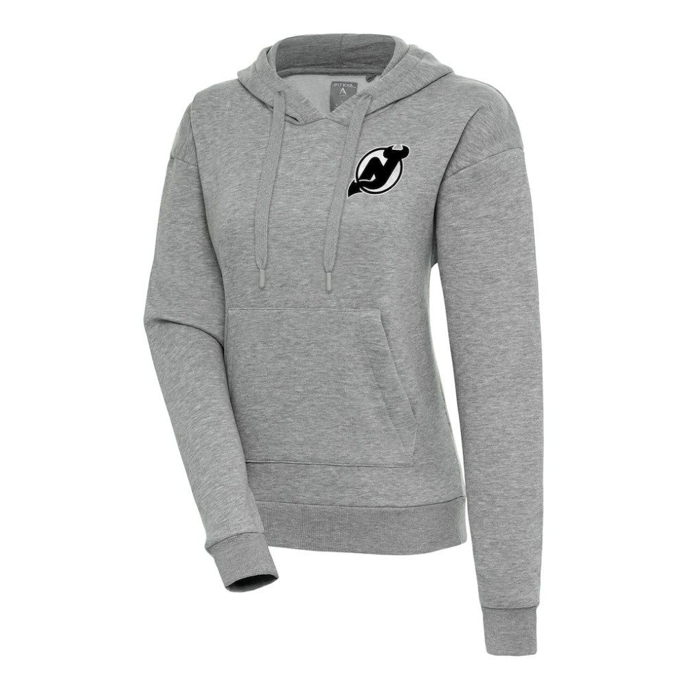 NHL New Jersey Devils Antigua Women's Metallic Logo Victory Pullover Hoodie - Heather Gray