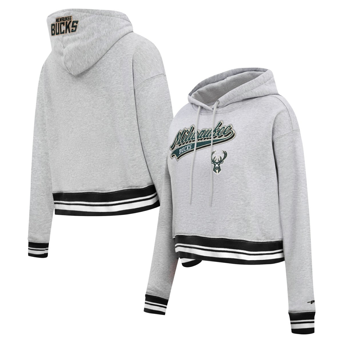 Milwaukee Bucks Pro Standard Women's Script Tail Cropped Pullover Hoodie Heather Gray