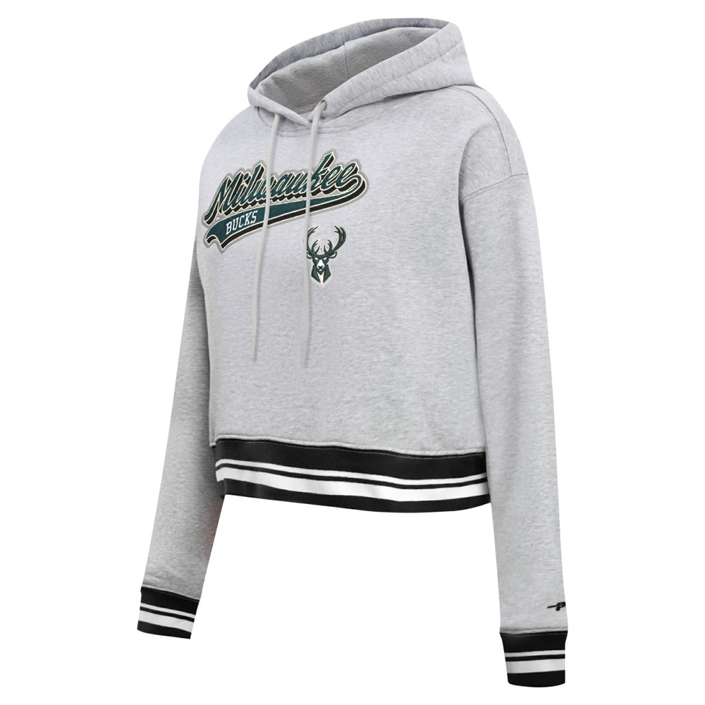 Milwaukee Bucks Pro Standard Women's Script Tail Cropped Pullover Hoodie Heather Gray