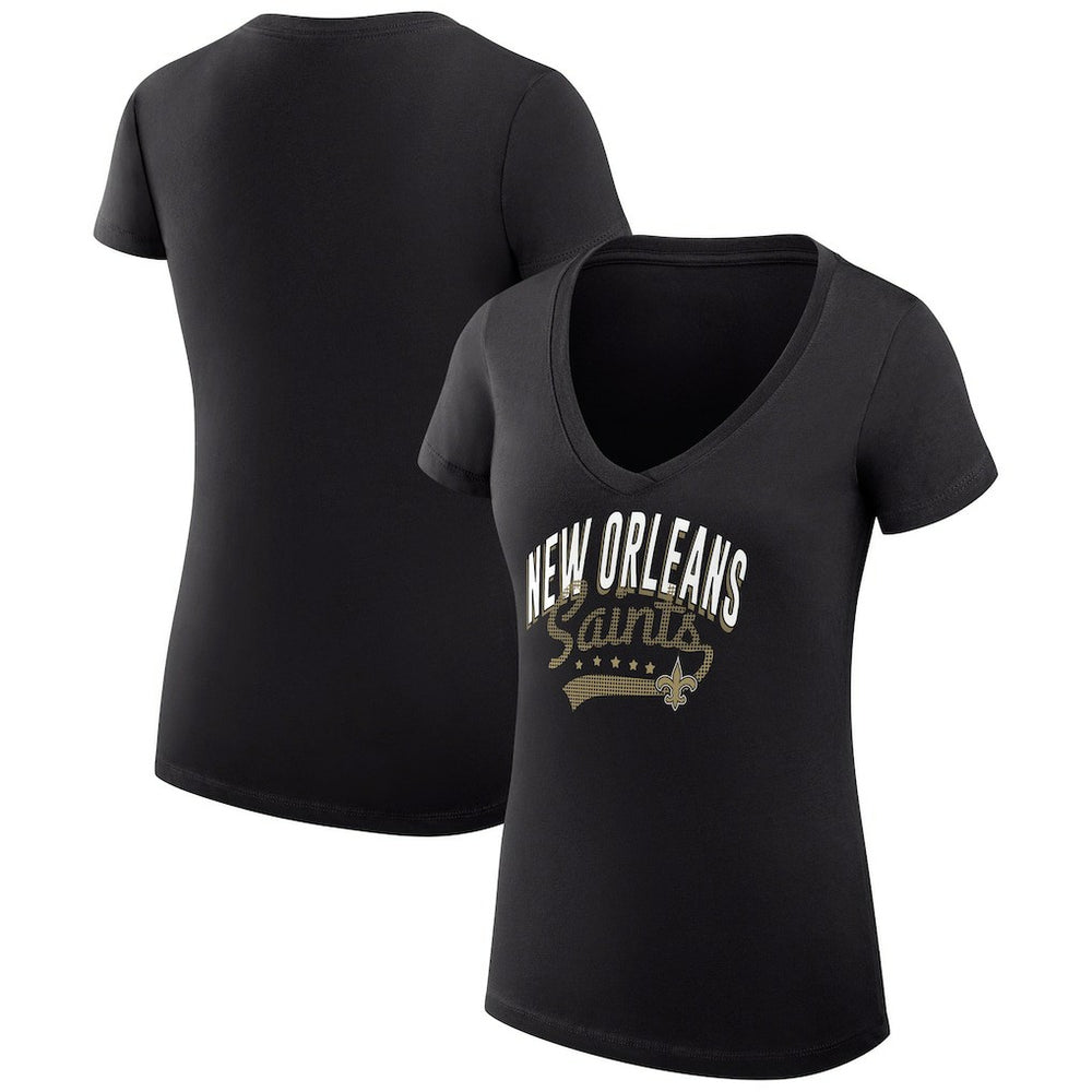 New Orleans Saints G-III 4Her by Carl Banks Women's Super-Slim Fit Lightweight Filigree Logo Lightweight V-Neck T-Shirt – Black