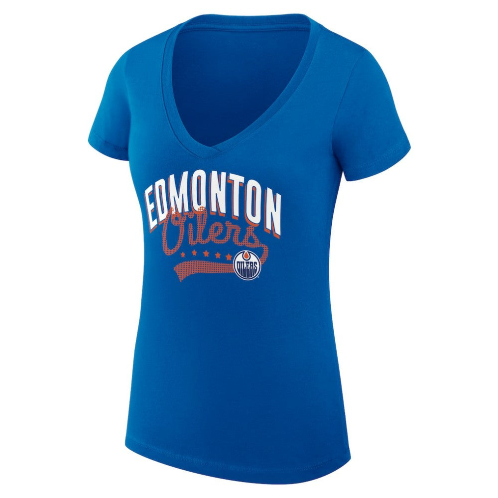 NHL Edmonton Oilers G-III 4Her by Carl Banks Women's Super-Slim Fit Lightweight Filigree Logo V-Neck T-Shirt – Royal