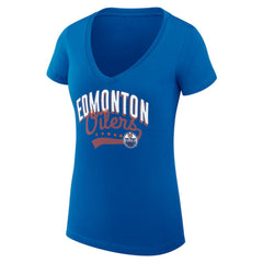 NHL Edmonton Oilers G-III 4Her by Carl Banks Women's Super-Slim Fit Lightweight Filigree Logo V-Neck T-Shirt – Royal
