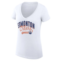NHL Edmonton Oilers G-III 4Her by Carl Banks Women's Super-Slim Fit Lightweight Filigree Logo V-Neck T-Shirt – White