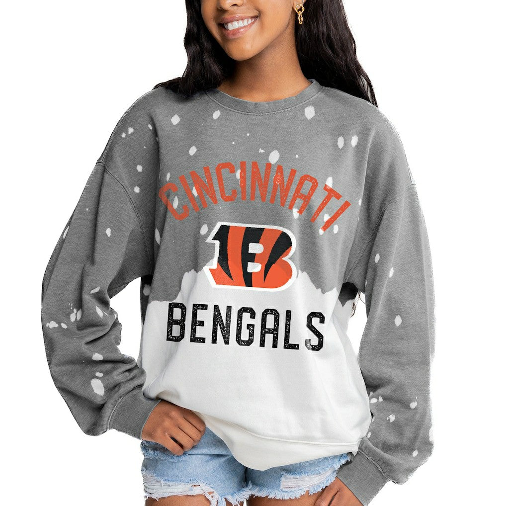 Cincinnati Bengals Gameday Couture Women's Oversized Coin Toss Faded French Terry Tri-Blend Pullover Sweatshirt Gray