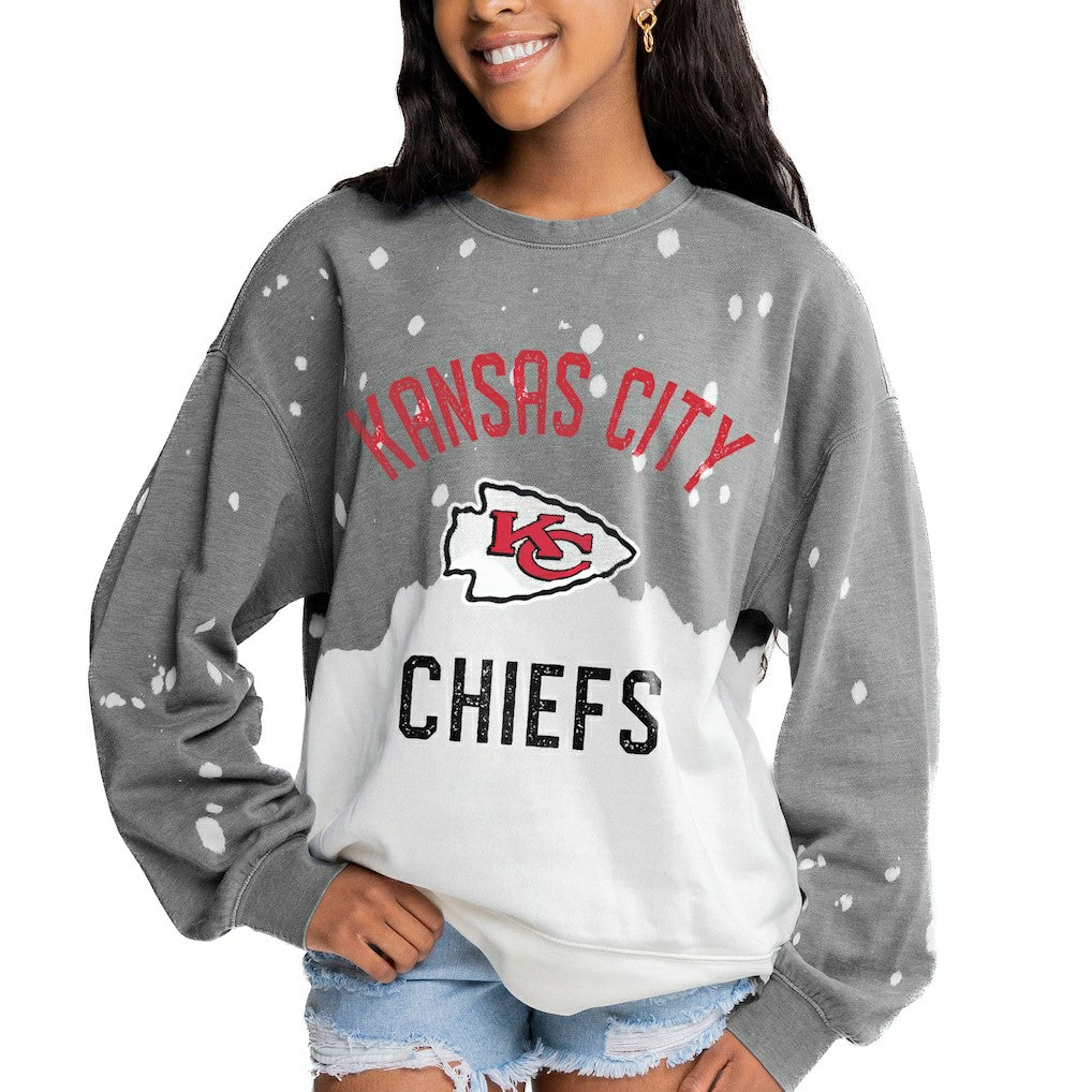 Kansas City Chiefs Gameday Couture Women's Oversized Coin Toss Faded French Terry Tri-Blend Pullover Sweatshirt Gray