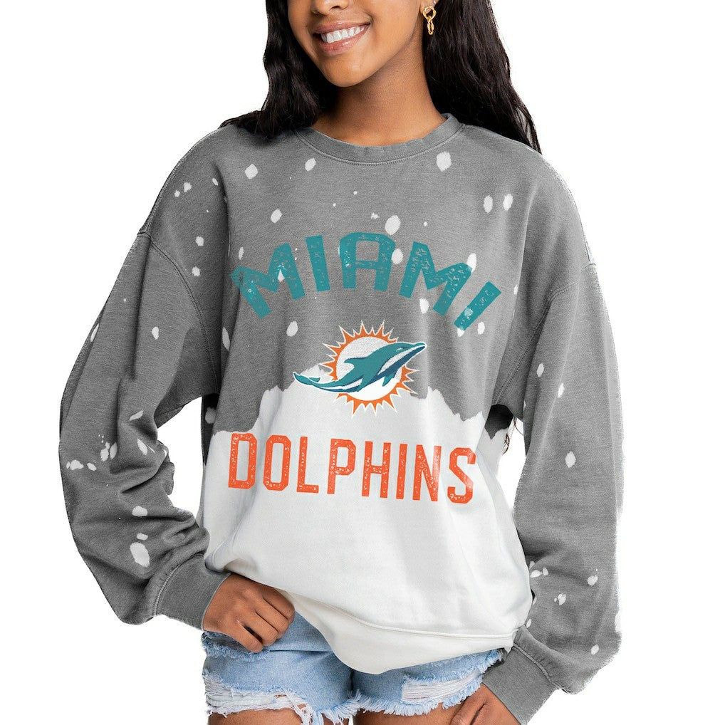 Miami Dolphins Gameday Couture Women's Oversized Coin Toss Faded French Terry Tri-Blend Pullover Sweatshirt Gray
