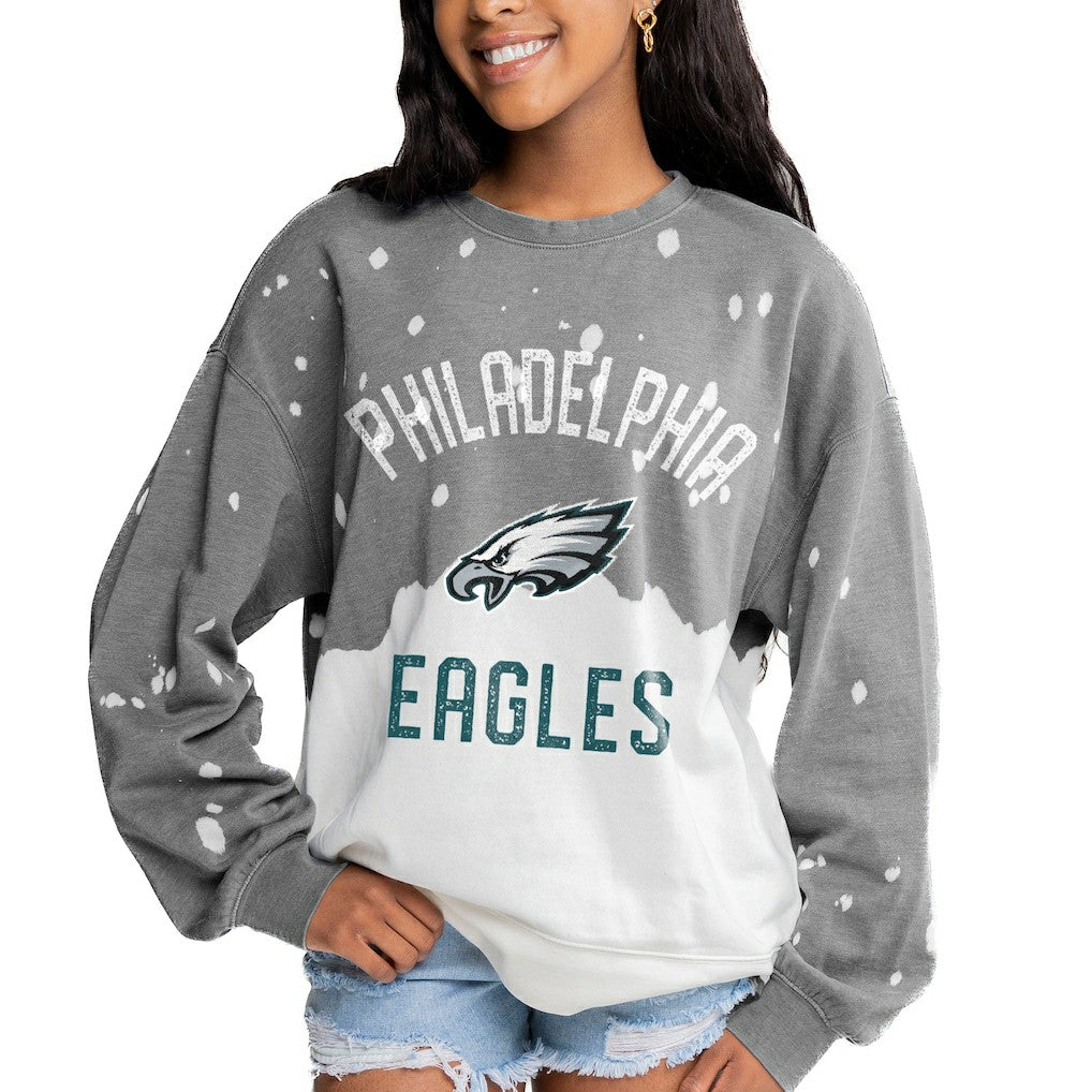 Philadelphia Eagles Gameday Couture Women's Oversized Coin Toss Faded French Terry Tri-Blend Pullover Sweatshirt Gray