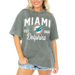 Miami Dolphins Gameday Couture Women's Tackle Titan Boyfriend Washed T-Shirt Gray