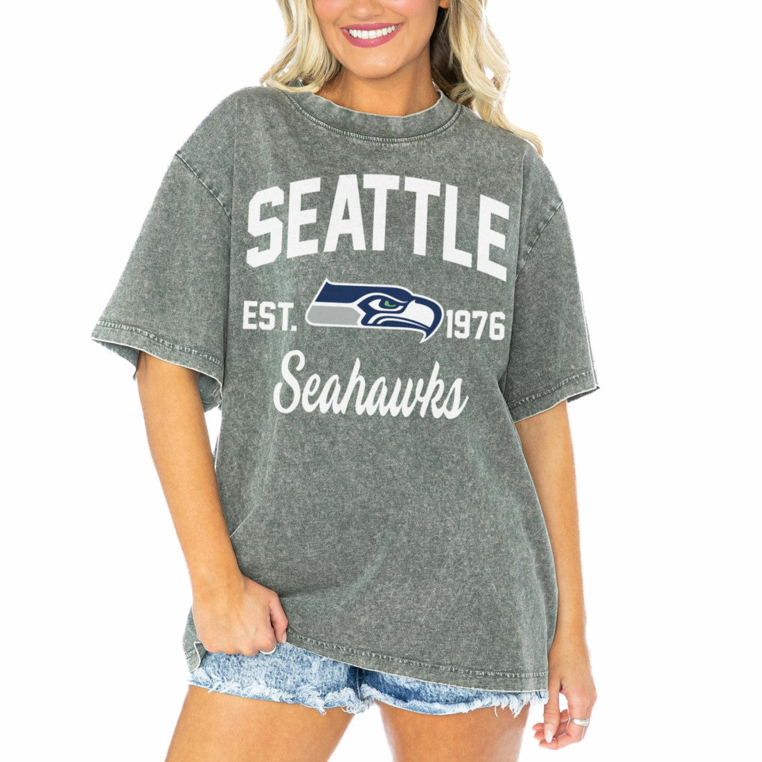 Seattle Seahawks Gameday Couture Women's Tackle Titan Boyfriend Washed T-Shirt Gray