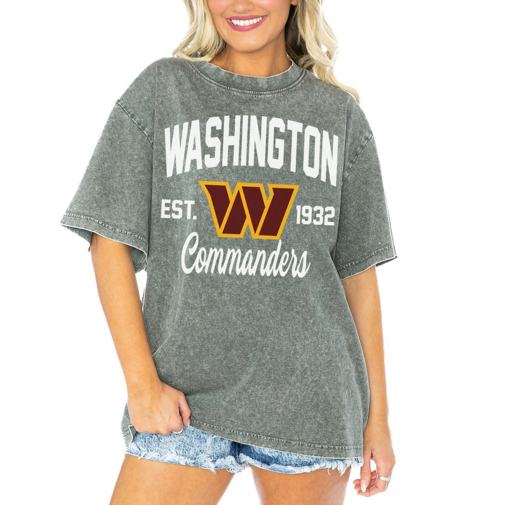 Washington Commanders Gameday Couture Women's Tackle Titan Boyfriend Washed T-Shirt Gray