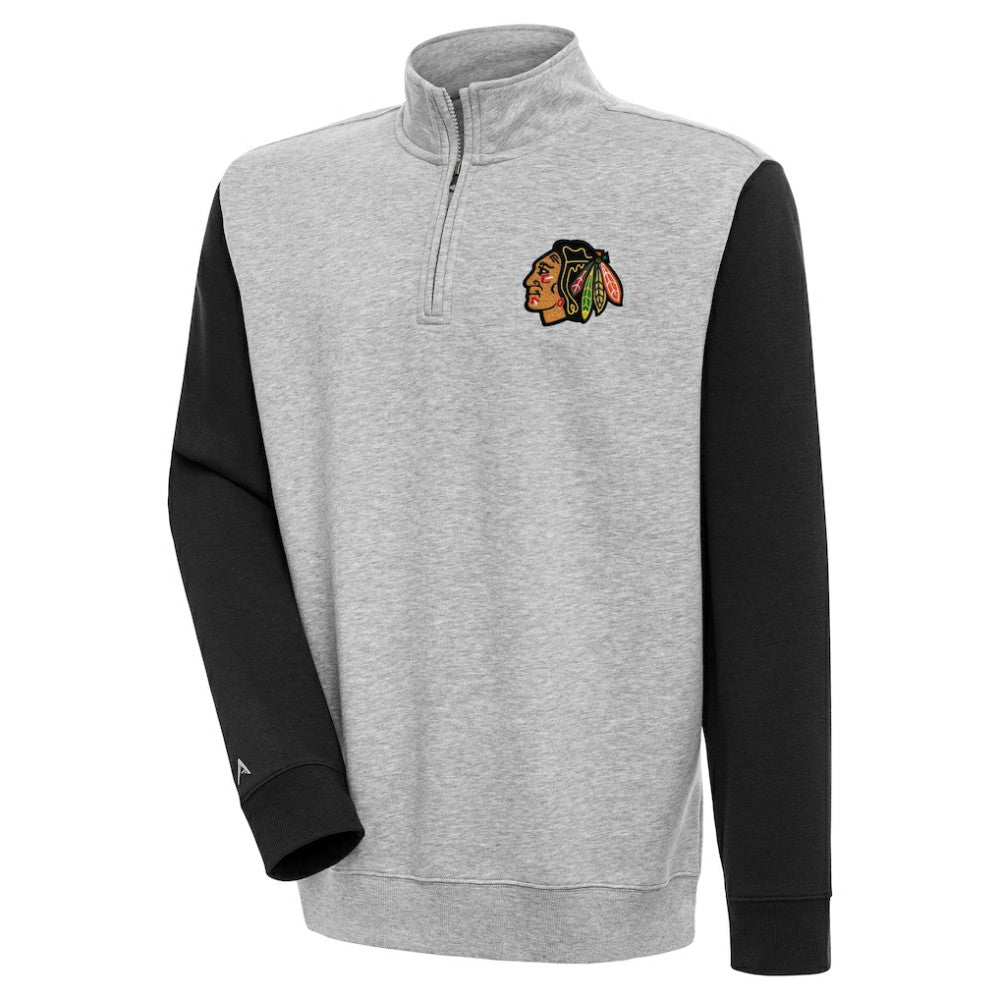NHL Chicago Blackhawks Antigua Victory Colorblock Quarter-Zip Pullover Top - Heather Gray/Black