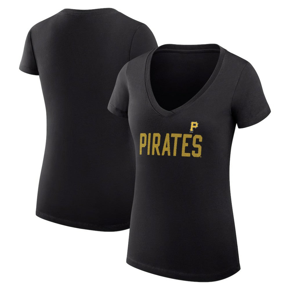 Pittsburgh Pirates G-III 4Her by Carl Banks Women's Super-Slim Fit Lightweight Dot Print V-Neck T-Shirt - Black T-shirts