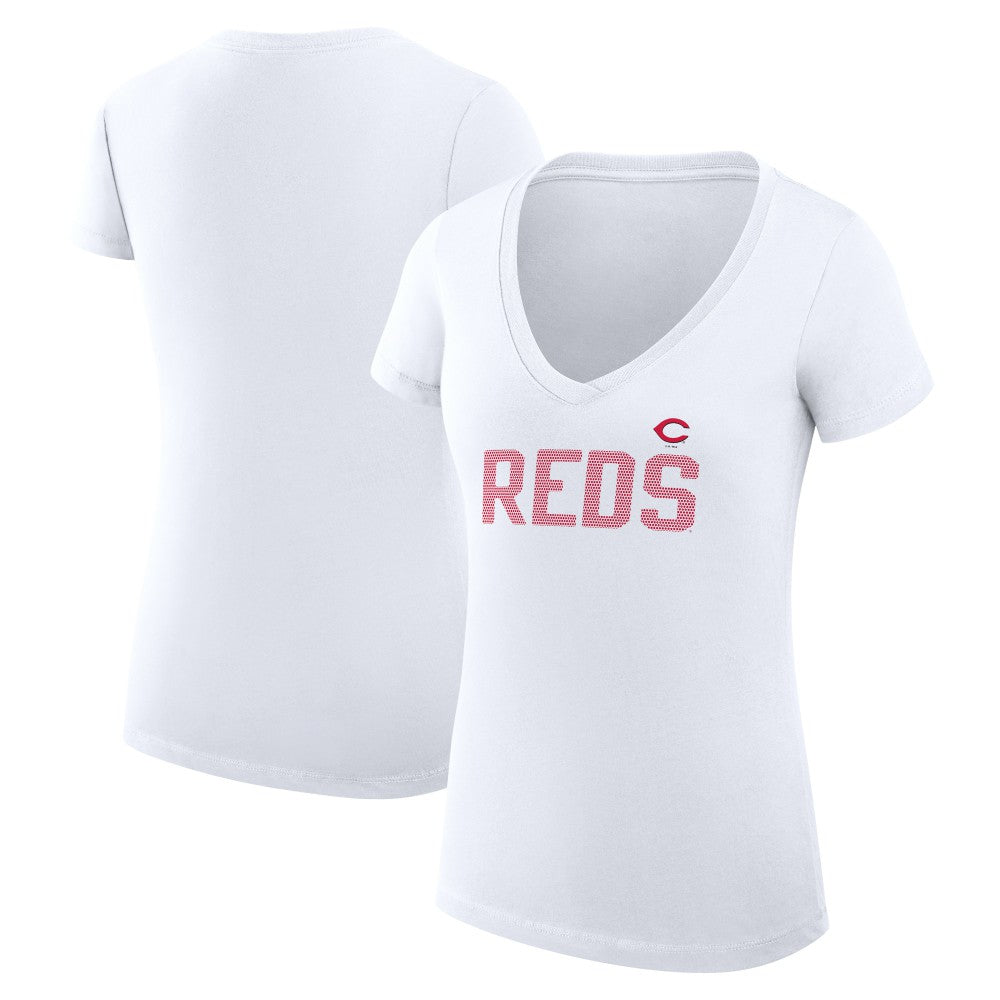 Cincinnati Reds G-III 4Her by Carl Banks Women's Super-Slim Fit Lightweight Dot Print V-Neck T-Shirt - White T-shirts
