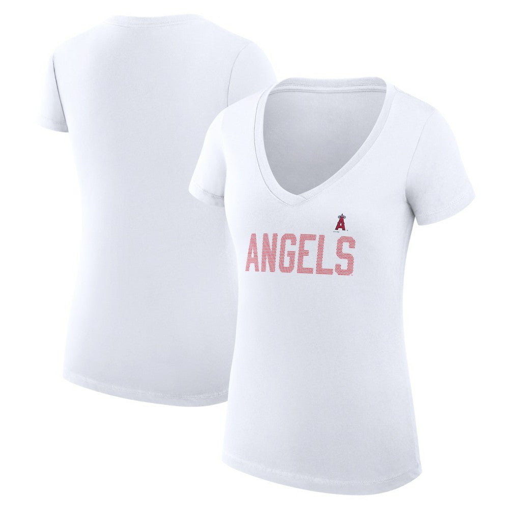 Los Angeles Angels G-III 4Her by Carl Banks Women's Super-Slim Fit Lightweight Dot Print V-Neck T-Shirt - White T-shirts