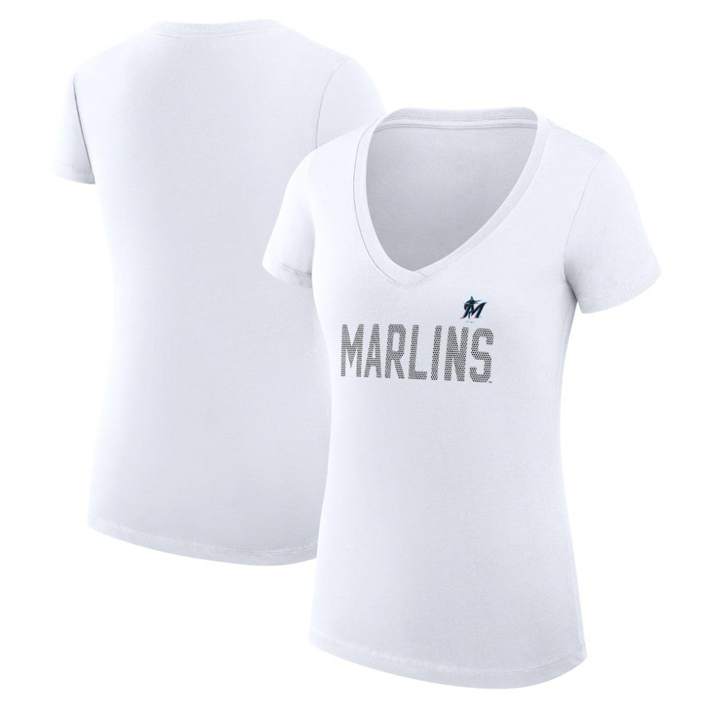 Miami Marlins G-III 4Her by Carl Banks Women's Super-Slim Fit Lightweight Dot Print V-Neck T-Shirt - White T-shirts