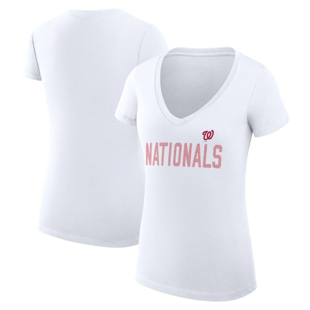 Washington Nationals G-III 4Her by Carl Banks Women's Super-Slim Fit Lightweight Dot Print V-Neck T-Shirt - White T-shirts