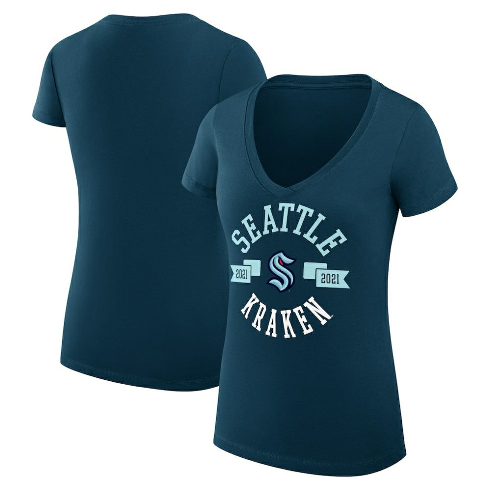 NHL Seattle Kraken G-III 4Her by Carl Banks Women's Super-Slim Fit Lightweight City Graphic V-Neck T-Shirt - Navy