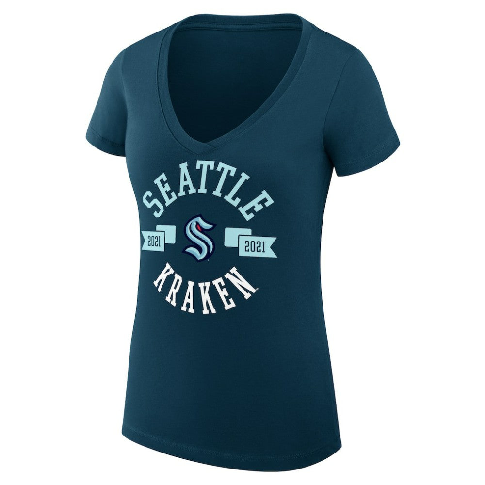 NHL Seattle Kraken G-III 4Her by Carl Banks Women's Super-Slim Fit Lightweight City Graphic V-Neck T-Shirt - Navy