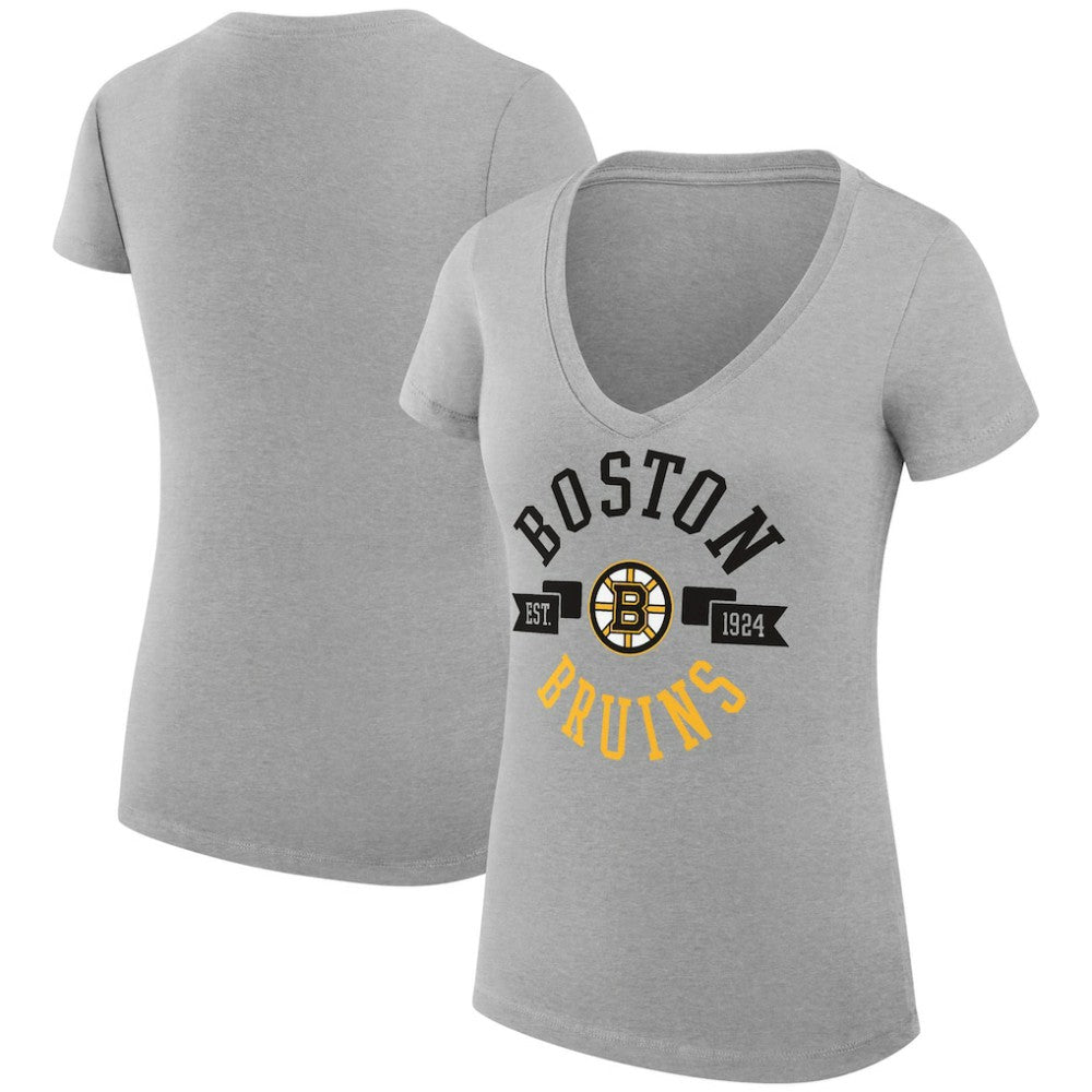 NHL Boston Bruins G-III 4Her by Carl Banks Women's Super-Slim Fit Lightweight City Graphic V-Neck T-Shirt - Heather Gray